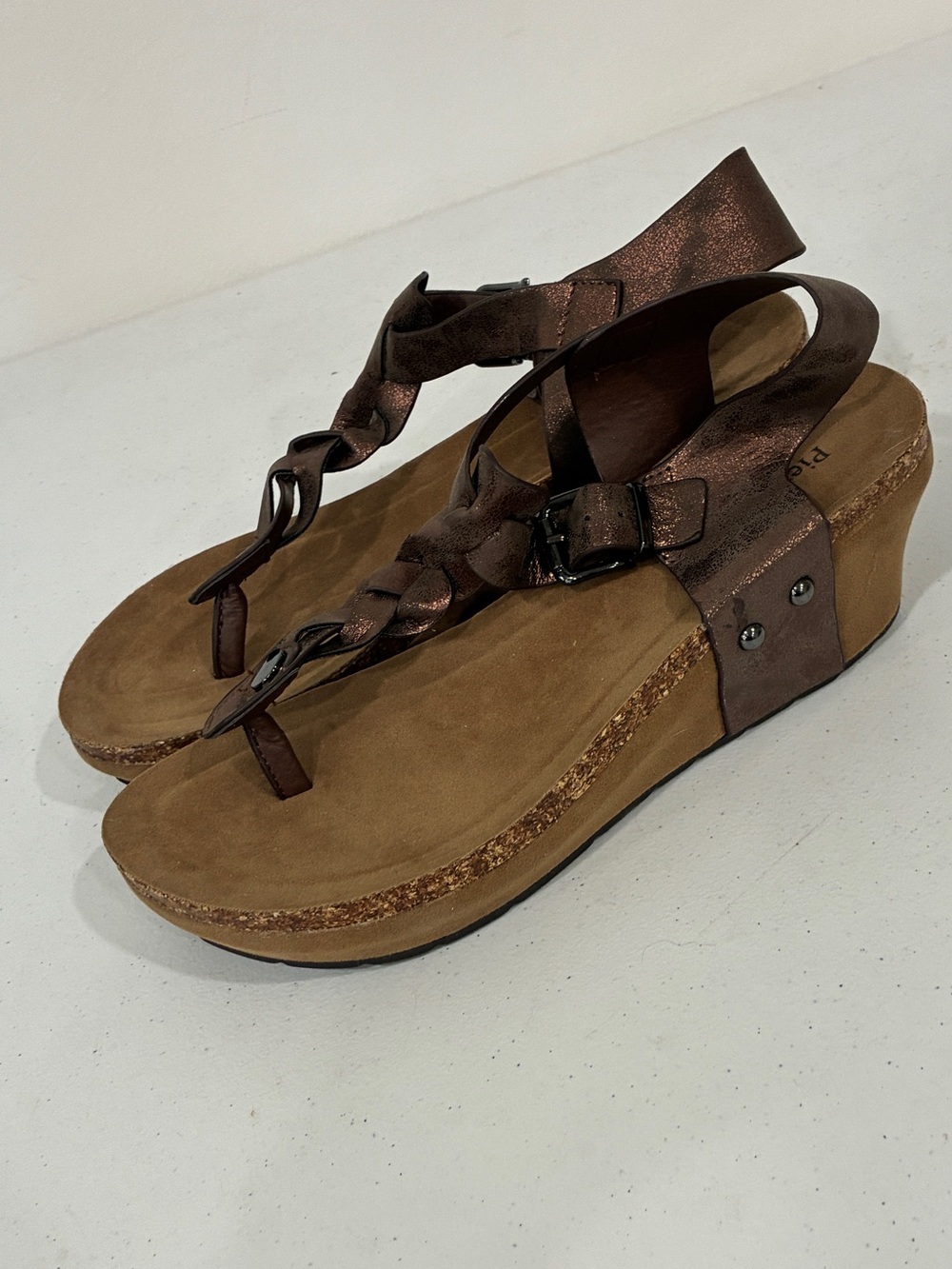 Pierre Dumas Chantal Metallic Bronze Braided Strap Wedge Sandals Size 10M